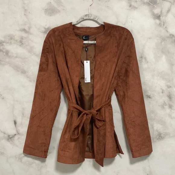 Love Token Faux Suede Leather Open Front Belted Jacket - Picture 2 of 12